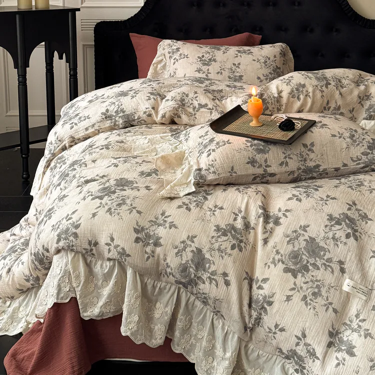 法式浪漫全棉双层皱皱纱四件套纯棉印花蕾丝花边被套床单高级床品