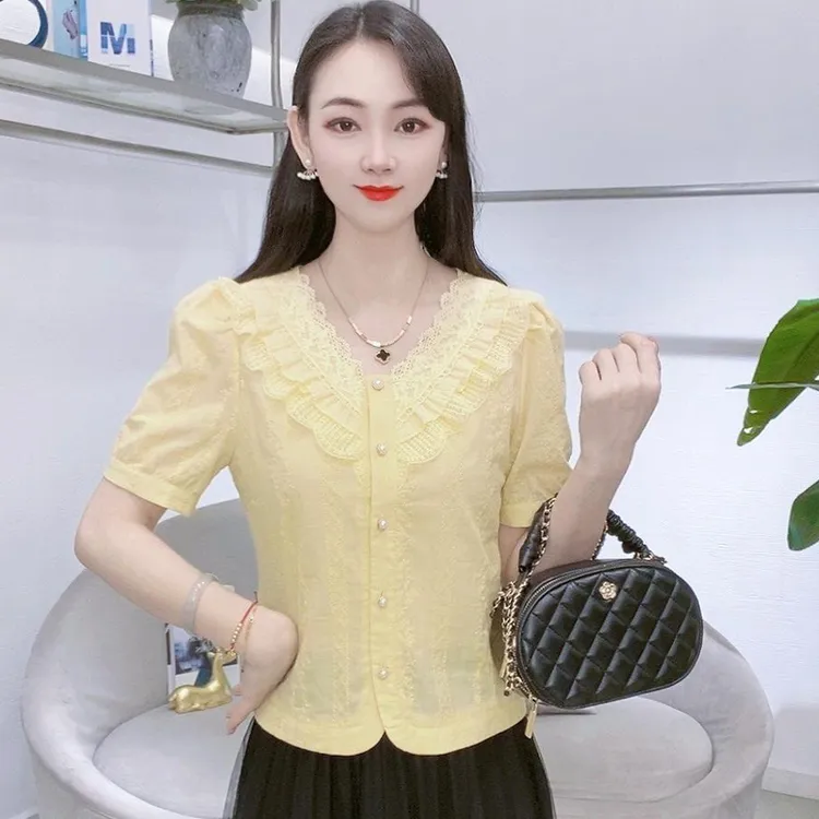 法式V领短袖女士2025新款衬衫夏季时尚百搭气质宽松显瘦小衫上衣