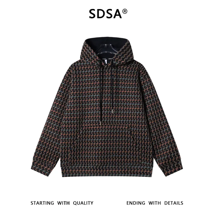 SDSA男士秋冬新款痞帅男装彩色条纹撞色格子抽绳连帽卫衣百搭宽松