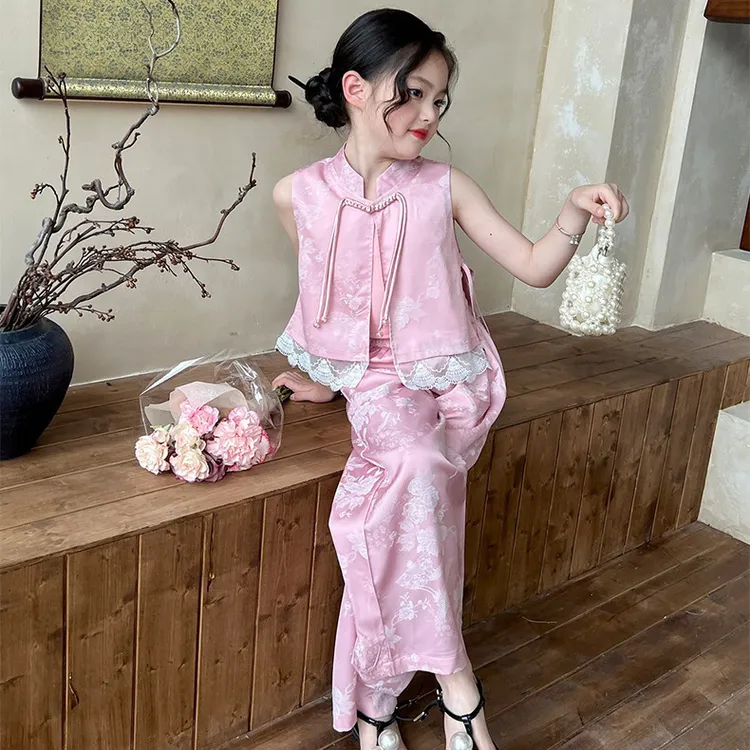 女童国风套装2025新款儿童中式汉服女大童网红无袖唐装时尚阔腿裤