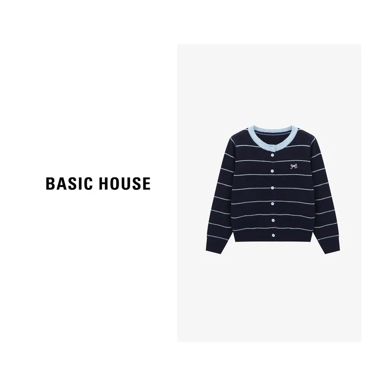 Basic House/百家好秋季新款简约时尚细条纹撞色毛衣-B0625B5LOT2
