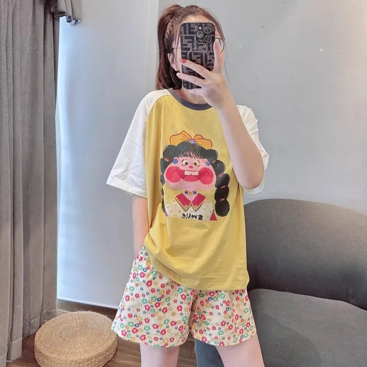 维多利亚时尚休闲卡通女孩纯棉睡衣女款夏季短裤可爱宽松家居服套