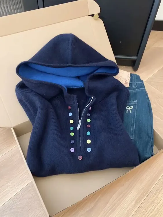 藏青色半拉链韩系连帽毛衣针织衫女秋冬韩系气质宽松显瘦内搭上衣