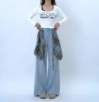 【送蓝格子屁帘】7470 Q高腰牛仔阔腿裤女秋季时尚百搭拖地直筒裤
