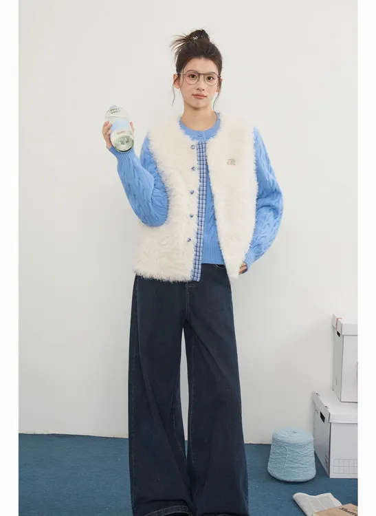 蓝格拼接加棉毛毛马甲女冬羊羔+外穿保暖外套针织毛衣两件套