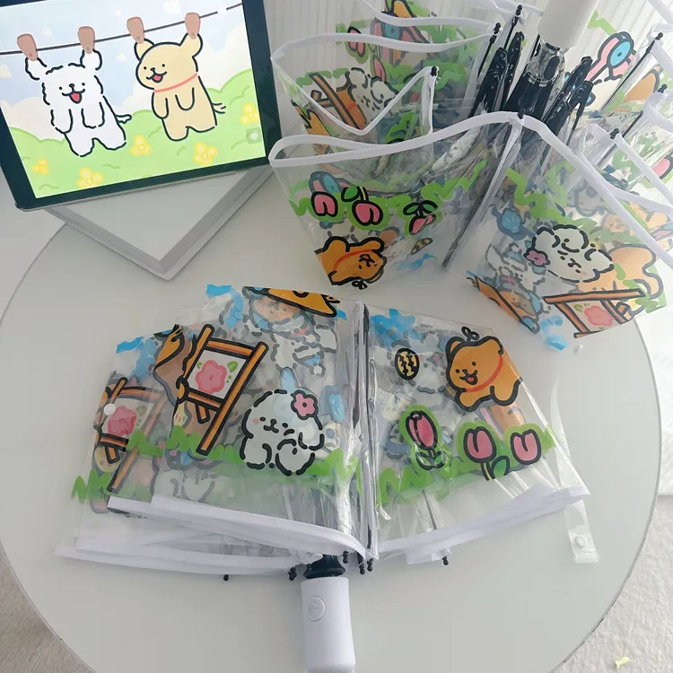 线条小狗透明雨伞折叠全自动可爱高颜值ins风儿童学生长柄伞