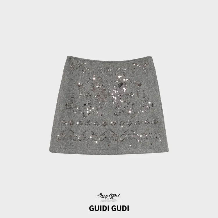 GUIDI GUDI【湖光映月】高级韩系时尚亮片半身裙/黄加蓝