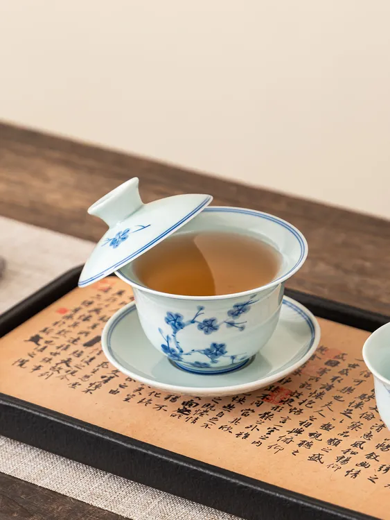 复古手绘梅花盖碗大容量三才釉下彩陶瓷中式泡茶茶具茶盖碗纯手工