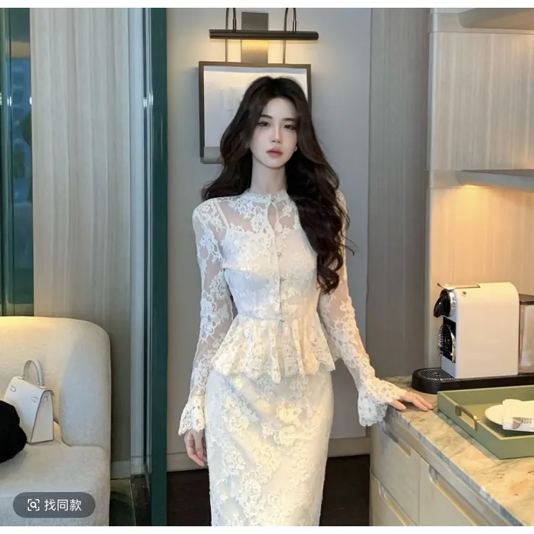 木子李的李皎月凝霜早秋优雅修身蕾丝套装长袖收腰直筒半身裙