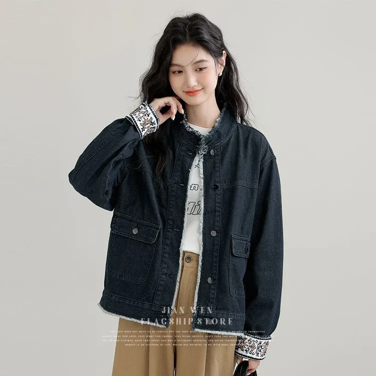 2025春季新款复古立领水洗牛仔外套女设计感宽松牛仔衣短夹克上衣