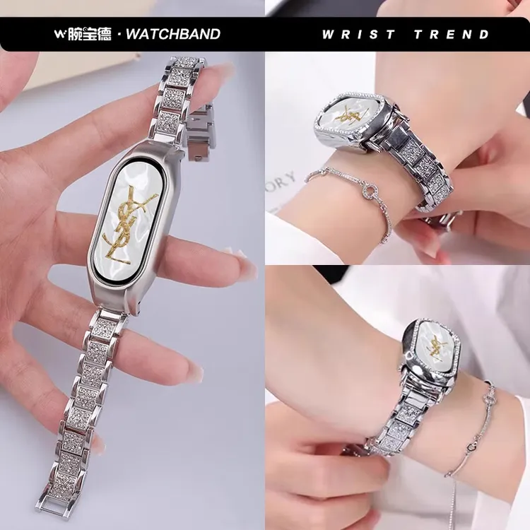 腕宝德适用小米手环10/9表带新品施华洛三珠满钻金属春夏时尚腕带