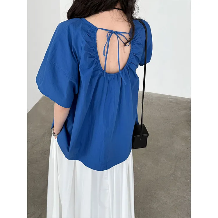 韩系后背绑带露背减龄小衫夏季新款皱褶圆领短袖衬衫上衣3578