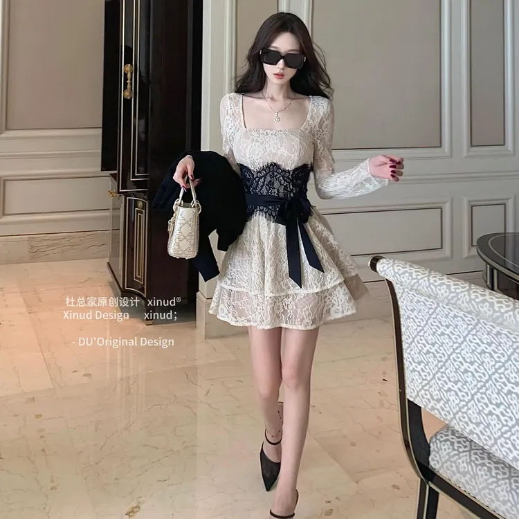 旧色瑰梦初恋白月光气质法式温柔纯欲蕾丝洋装女轻奢网红款