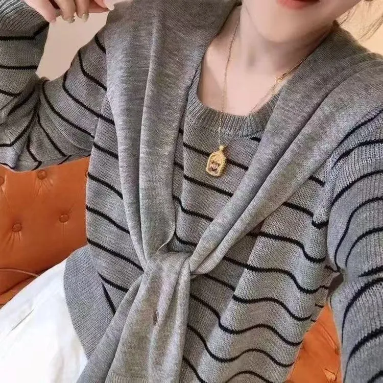 2025新款时尚两件套设计条纹圆领长袖披肩撞色宽松百搭针织衫上衣
