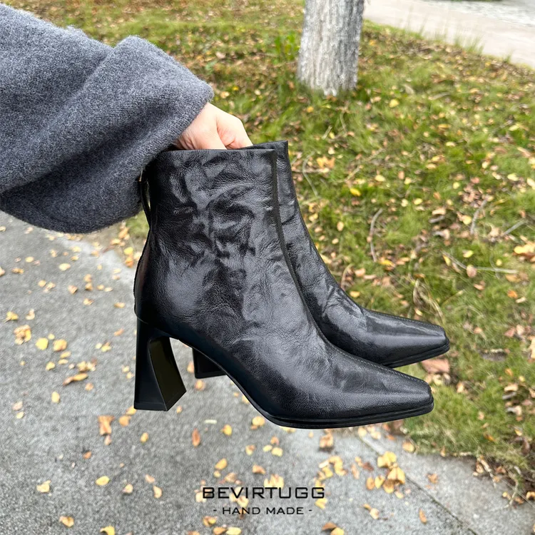 时尚气质/7.5cm意大利羊皮精致洋气小短靴女秋冬真皮高跟鞋女靴子