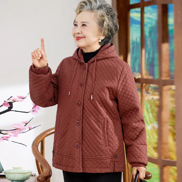 纯棉中老年女装薄棉风衣外套奶奶秋冬连帽妈妈装纯色夹棉开衫上衣
