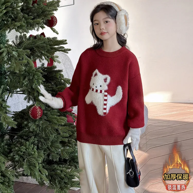 女童毛衣秋冬2025新款女宝宝加厚猫咪针织打底衫衫新年衣服拜年服