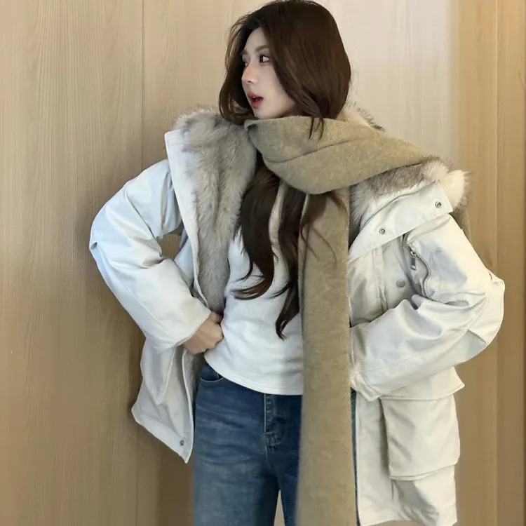 美力城情侣款工装风毛领连帽设计90白鹅绒长款派克服羽绒服