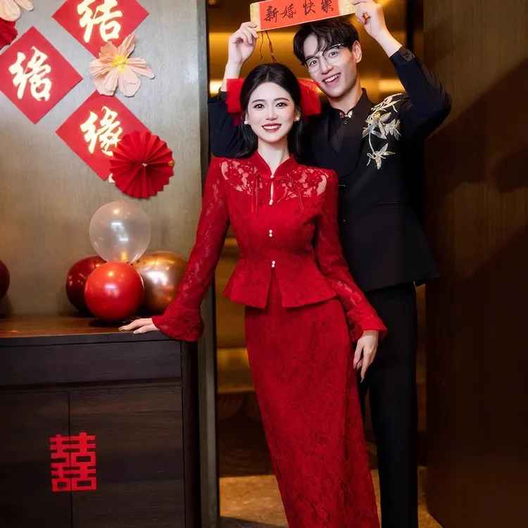 新中式新娘红色旗袍2025春秋蕾丝红色敬酒服透气结婚礼服两件套装