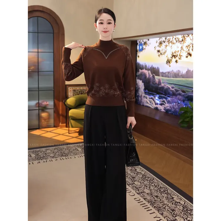 2025秋冬新款【LT-1269JR】含绵羊毛洋气显瘦长袖咖色优雅针织衫女