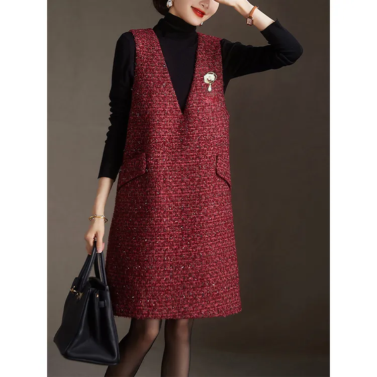 6530#气质高级感复古红色小香风连衣裙女秋冬新款时尚背心裙冬季