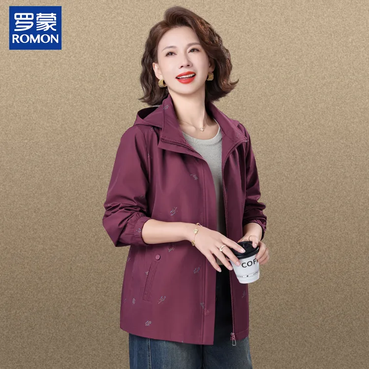 罗蒙时尚气质春秋款妈妈中年纯色连帽上衣中老年女装春秋季短外套