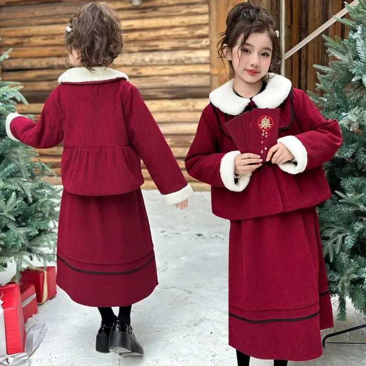 女童冬装套装裙子2024新款大童夹棉加厚古风拜年服红色冬季连衣裙