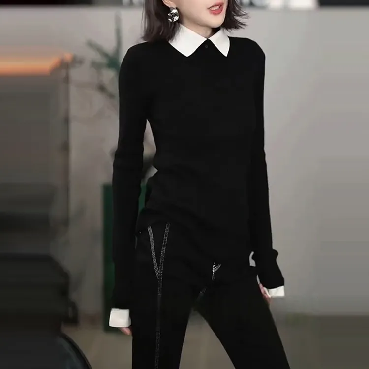 韩系高级感气质减龄小上衣女2025秋季新款修身显瘦翻领百搭针织衫