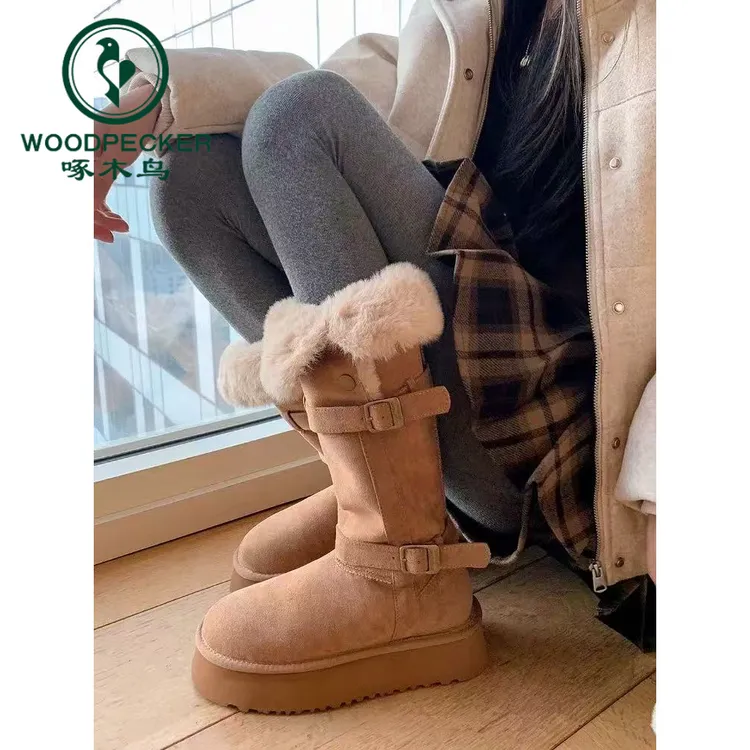 啄木鸟高筒灰色中筒雪地靴女2025冬新款加绒加厚东北长筒雪地棉鞋