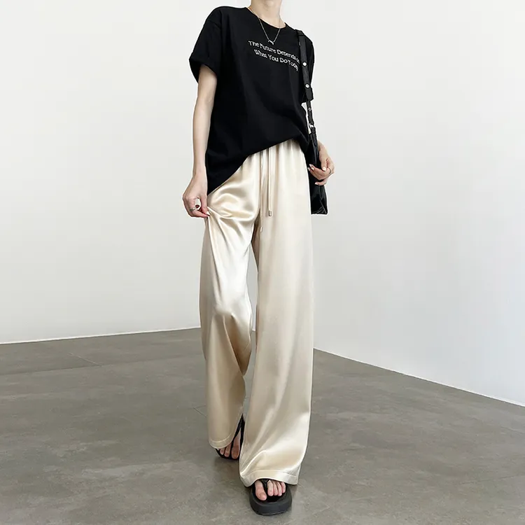 高端醋酸阔腿裤女夏薄款高腰垂坠感凉凉冰丝拖地直筒缎面丝滑裤子