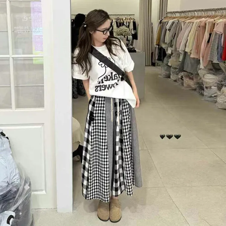 孕妇装 孕妇夏季新款印花T恤＋拼接格子半身裙套装女