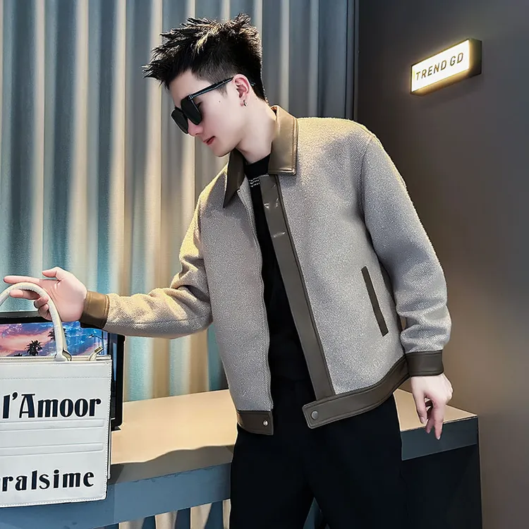 拼接撞色毛呢外套男潮流短款男装上衣2025新款秋冬季痞帅翻领夹克