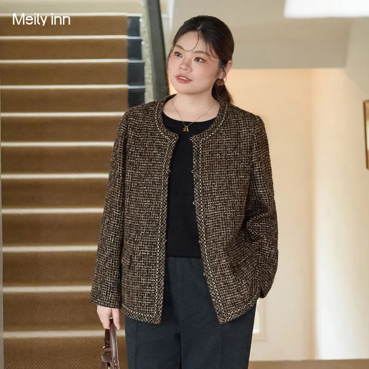 【塞纳咖调】美丽客栈大码女装黑金织带小香风外套胖mm高级感上衣