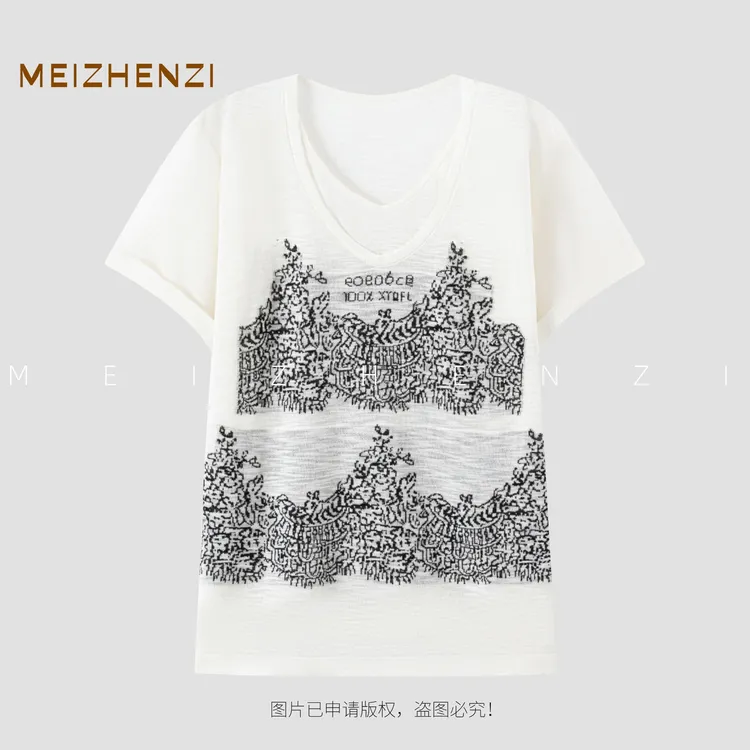 MEIZHENZI【超细醋酸麻】夏季假两件提花宽松短袖T恤女时尚针织上衣