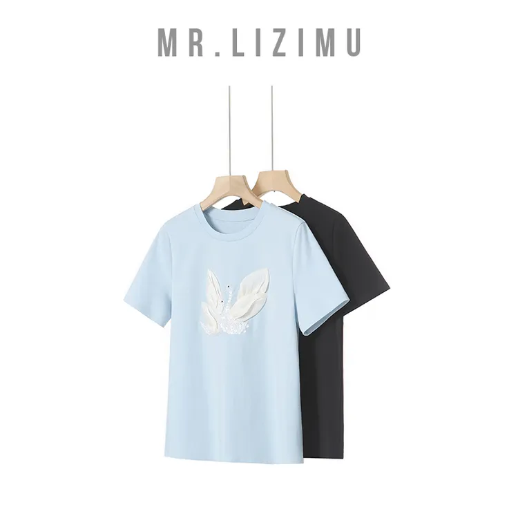 李子木先生时尚洋气甜美亮片小天鹅圆领短袖T恤2025「夏上新」D6667