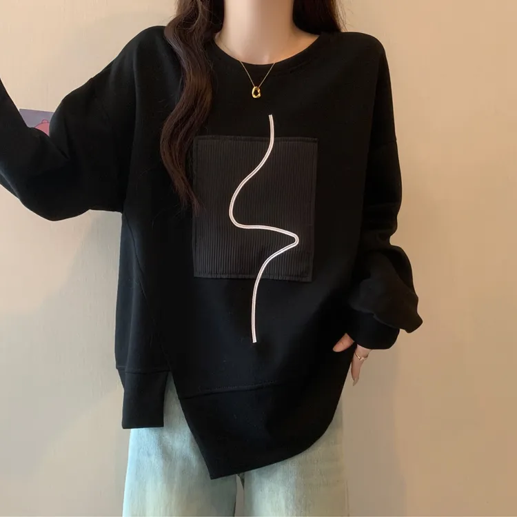 大码女装遮肚子不规则宽松长袖卫衣女秋冬胖妹妹显瘦开叉别致上衣