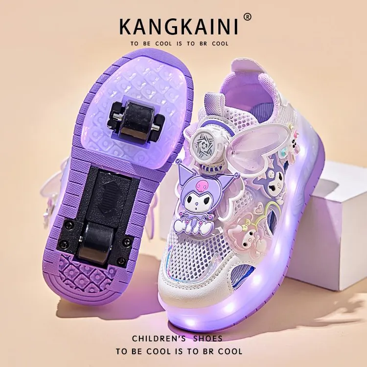 库洛米女童暴走鞋夏季儿童旋转扣镂空滑轮鞋中大童女孩溜冰运动鞋