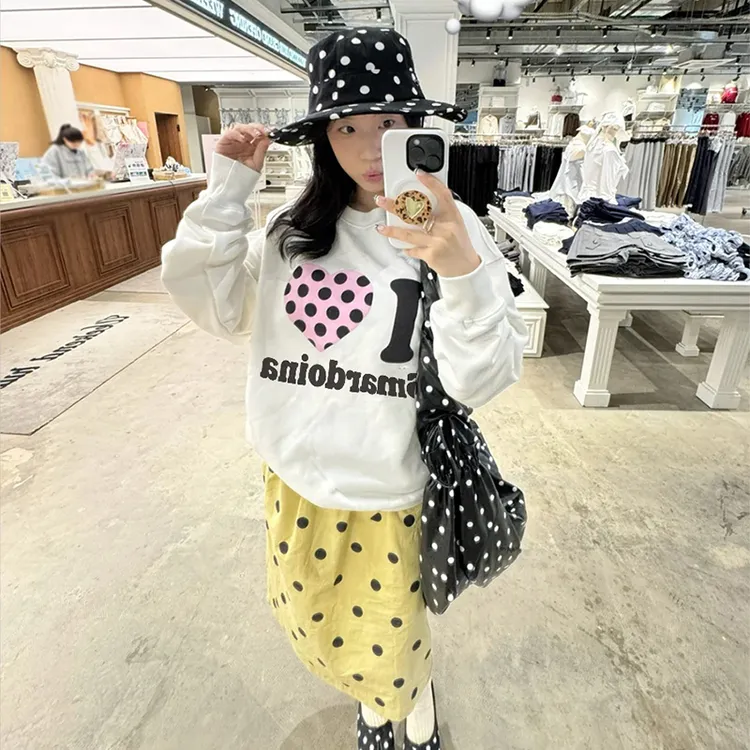 新款白色圆通卫衣女秋季爱心波点印花休闲长袖慵懒风宽松辣妹上衣