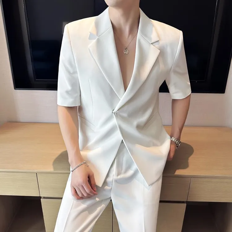 夏季男士西服套装白色七分袖理发师休闲韩版修身薄款透气西装外套