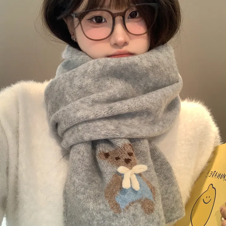 可爱小熊蝴蝶结灰色针织围巾女秋冬季保暖学生护颈防寒氛围感围脖