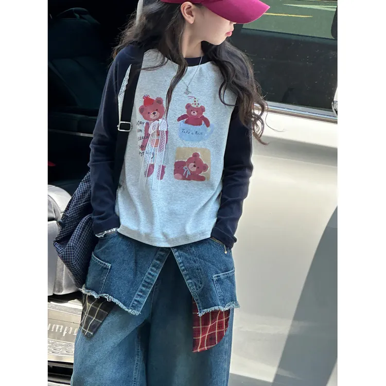 K29793孙小美插肩女童长袖T恤2025秋装新款儿童修身上衣春秋打底t