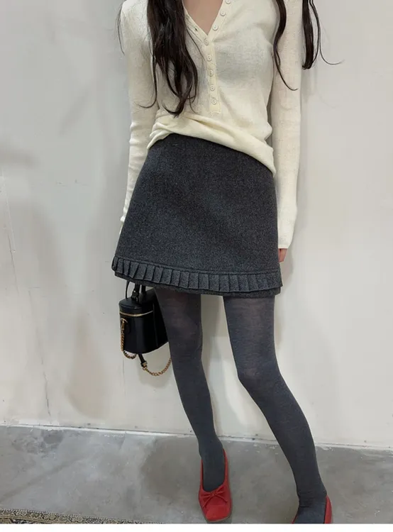 简约通勤韩版半裙纯色毛呢半身裙高腰显瘦2025冬季纯色百褶短裙