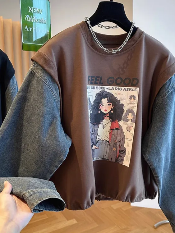 2025新款小众宽松印花复古拼接牛仔长袖套头卫衣男女遮肚上衣服