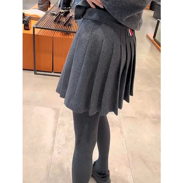 羊毛三色织带百搭百褶裙女A字短裙高腰2025秋冬毛呢半身裙241747