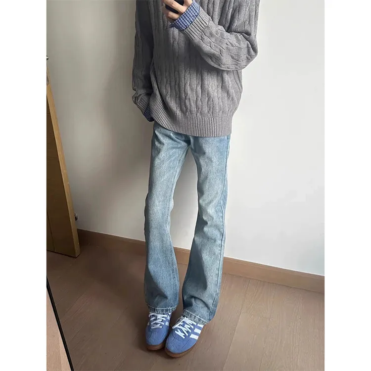 ykee浅蓝色微喇牛仔裤男秋季修身显瘦美式高街裤子高腰窄版直筒裤