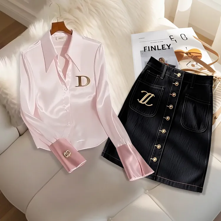 2025秋冬套装女粉色醋酸缎面衬衫搭时尚牛仔短裙洋气减龄两件套女
