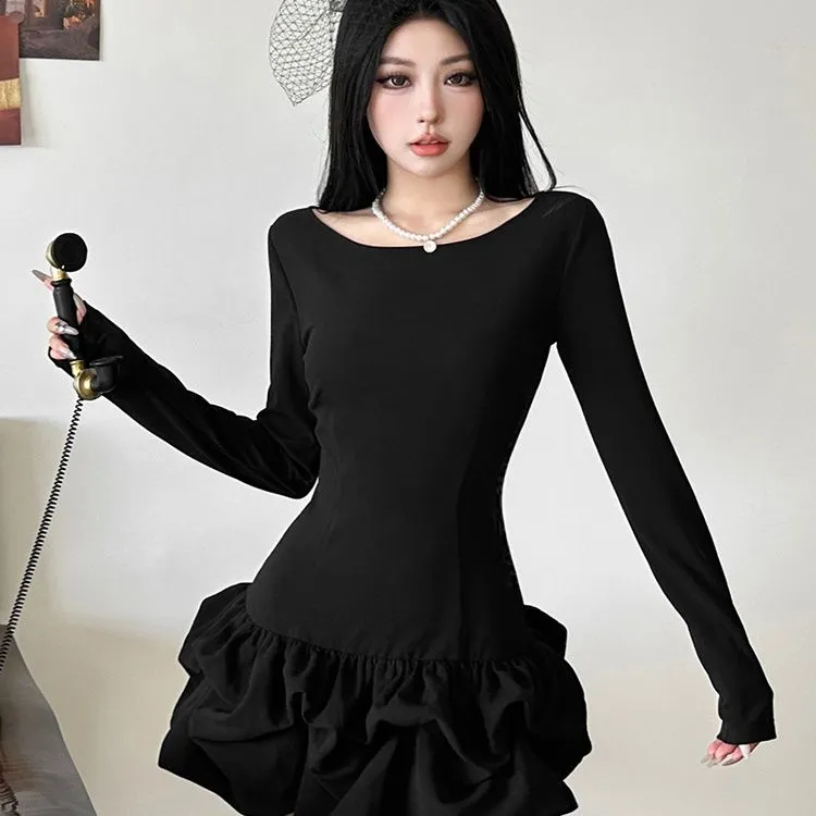 【万达撤柜】黑色纯欲法式芭蕾风修身短裙韩版潮流花苞裙蓬蓬裙青