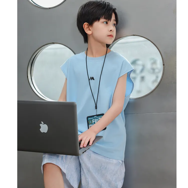 夏季新款男童纯色凉感速干防晒背心中大童儿童运动休闲无袖背心