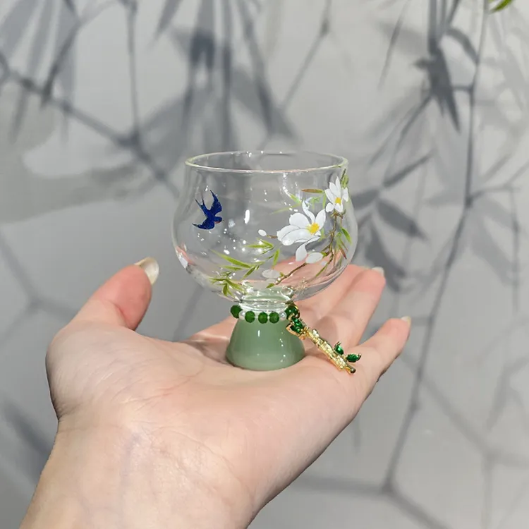 惊蛰 高硼硅春暖花开绿色高脚圆口杯家用简约茶杯功夫茶具品茗杯