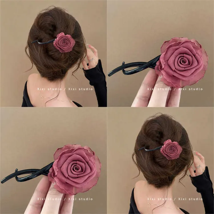 干枯玫瑰扭扭夹盘发后脑勺抓夹一字夹子头饰发卡鲨鱼夹安全替代品